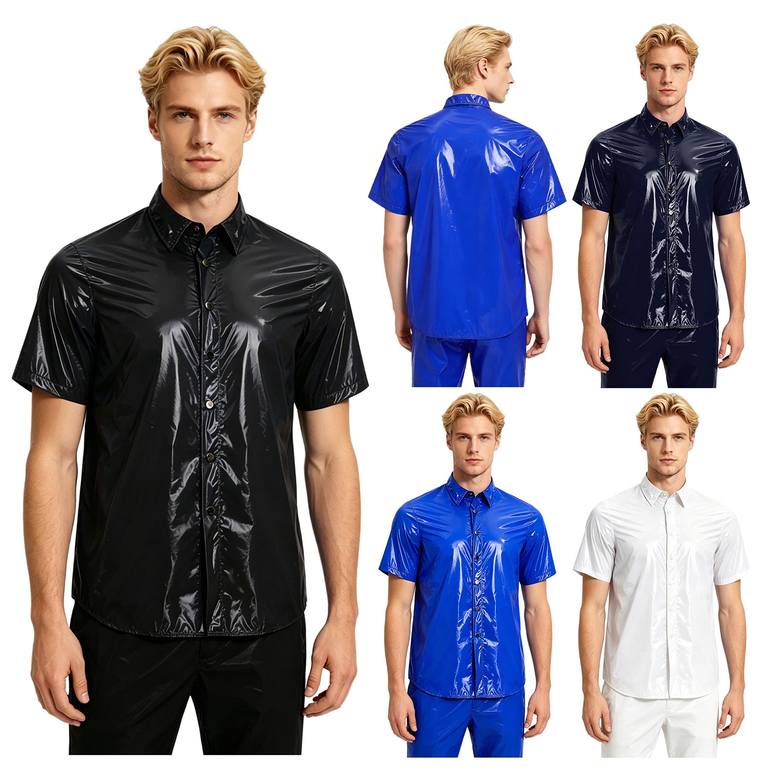 US YiZYiF Men Plastic Work T-shirt Leak Proof Lightweight Turn Down Collar Shirt gallery