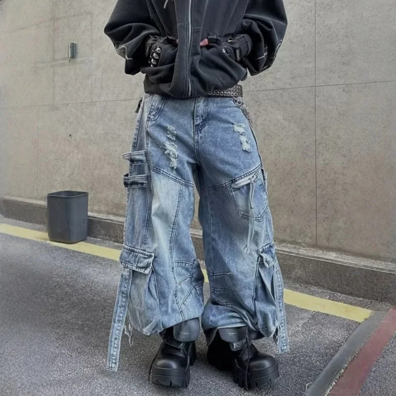 new 2025 Cyber Y2K Streetwear Washed Blue Baggy Ripped Cargo Jeans Pants For gallery