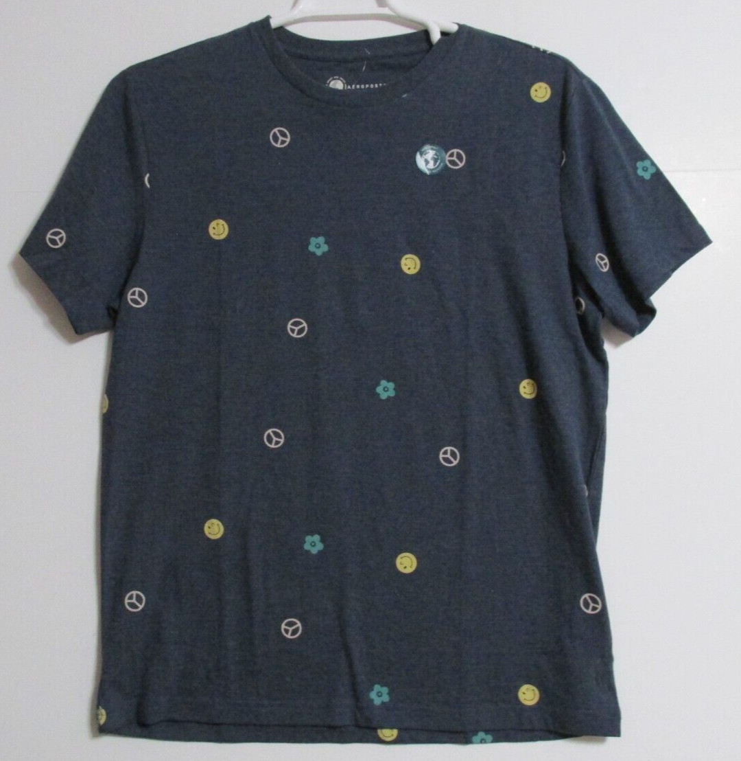 Men's Aeropostale Peace Floral Smiley Graphic T-Shirt Blue Size Large gallery