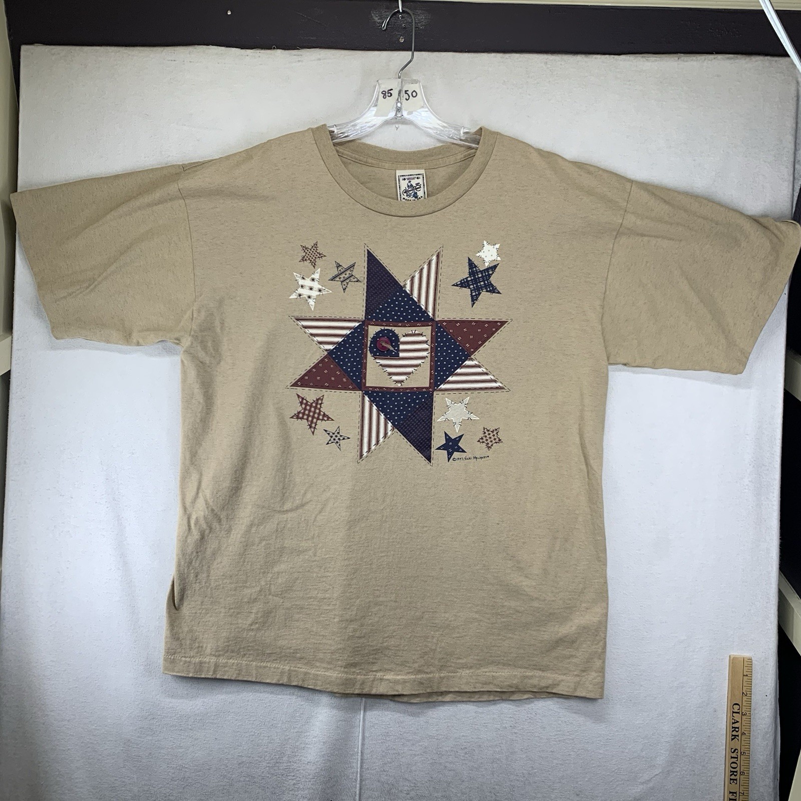Vintage Single Stitch T Shirt XL Rustic American Quilt Patch Work Tan Cotton USA gallery