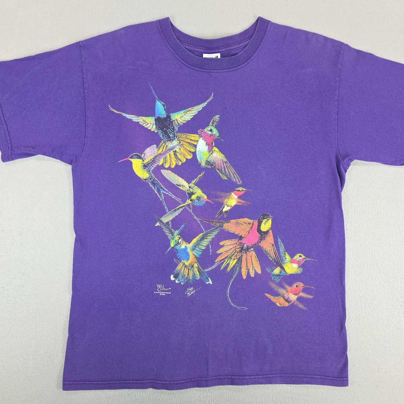 Vintage Hummingbird Shirt Mens Medium Purple Double Sided Wild Cotton Floral Art gallery
