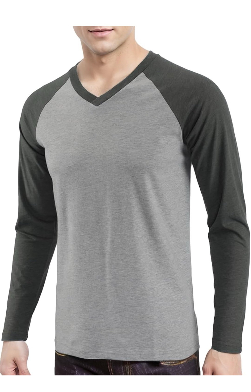 Men’s t-shirt Casual Vintage Long Raglan Sleeve V-Neck Running Hiking Baseball L