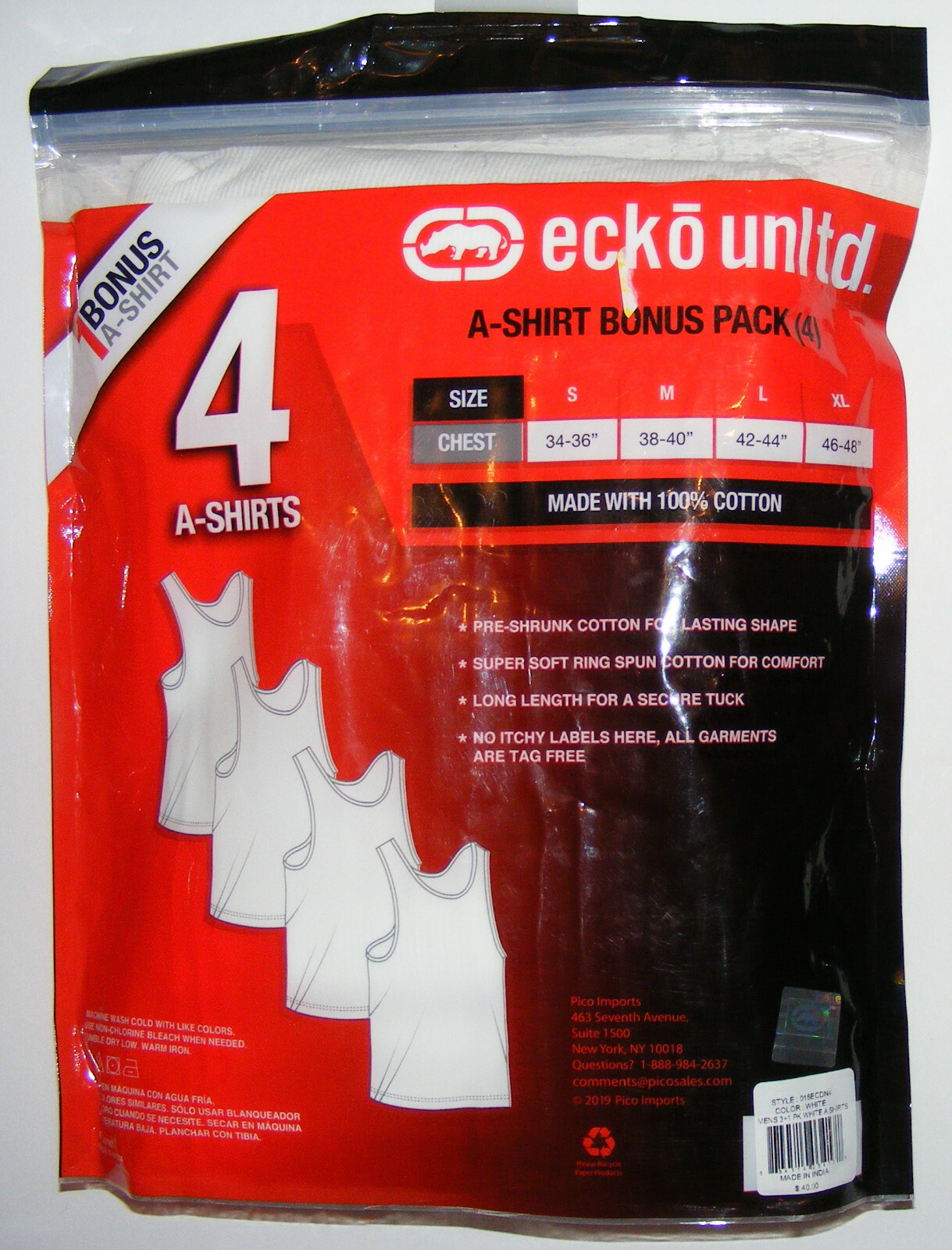 4 Pack Men's A Shirts Size S Cotton Pre-Shrunck Long Length Ecko Rhino $40 gallery