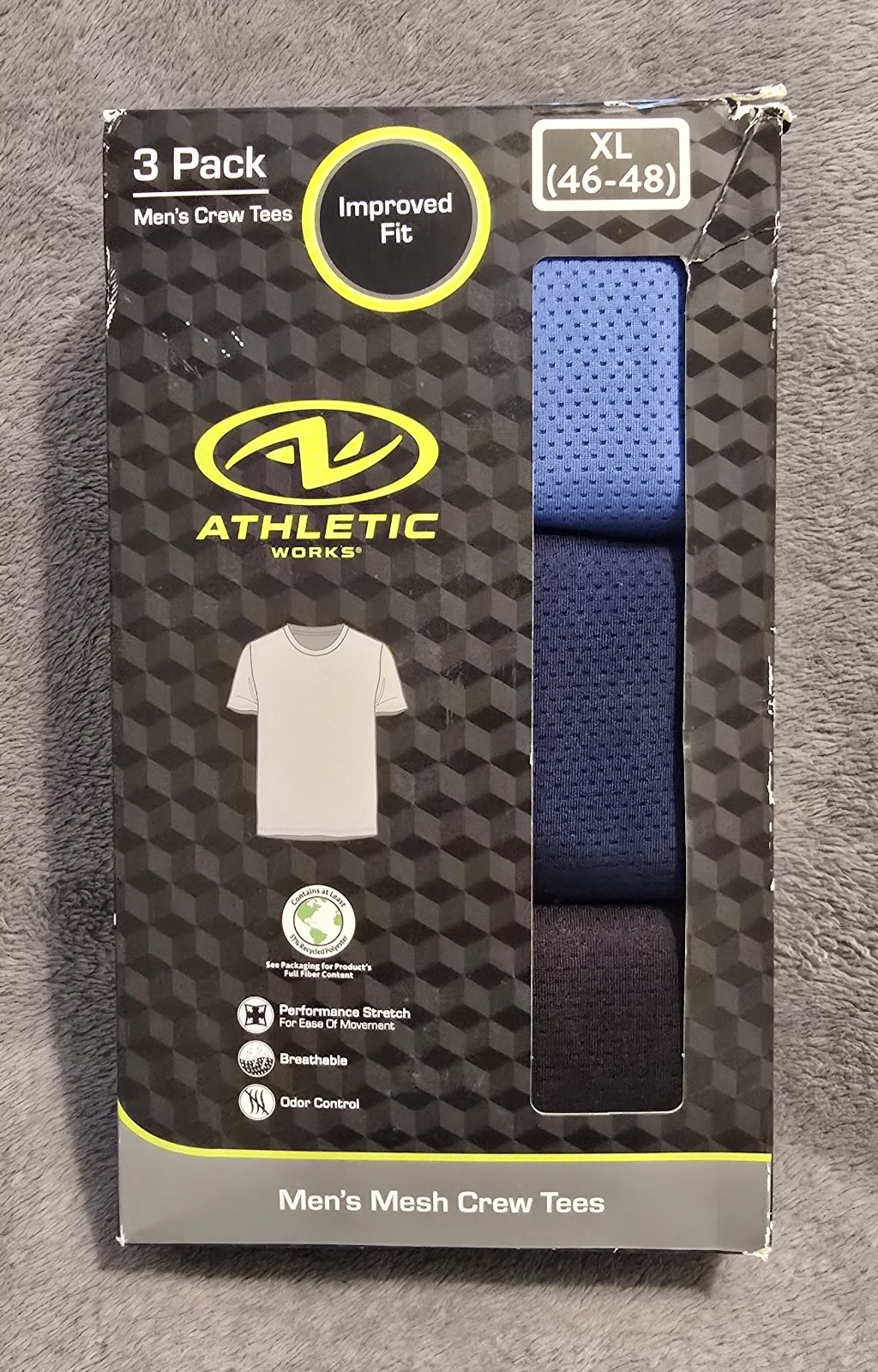 3 Pk Athletic Works Men Breathable Mesh Crew Tees Shirt-Blue/Black-SIZE XL