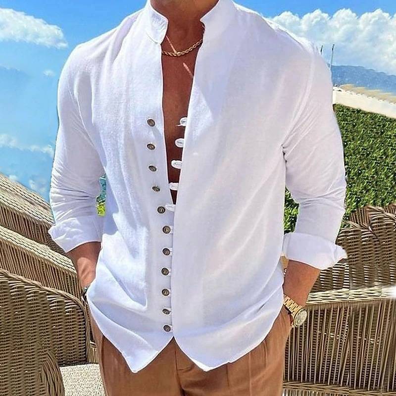 Button Down Shirt Off White Long Sleeve Lightweight Stand Up Collar Soft Beach gallery