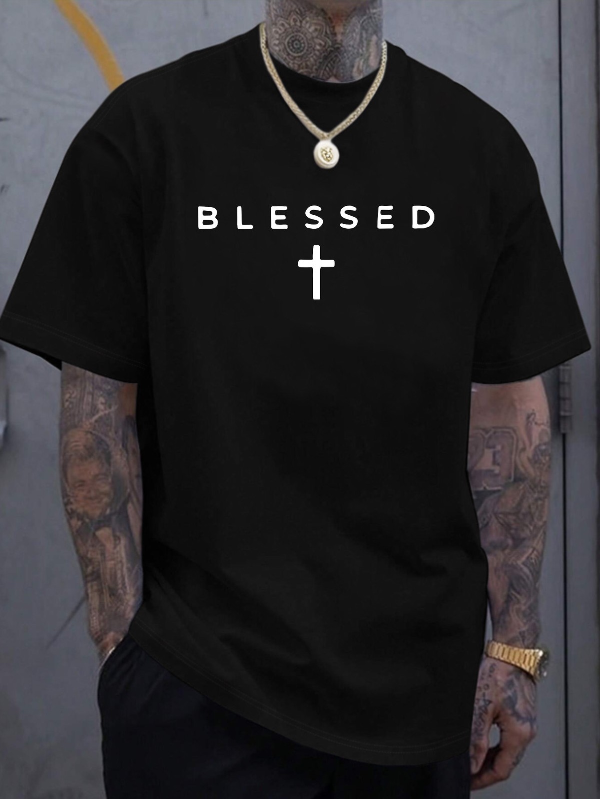 Men'S "Blessed" Cross Print T-Shirt - Casual Crew Neck, Short Sleeve, Lightweigh gallery
