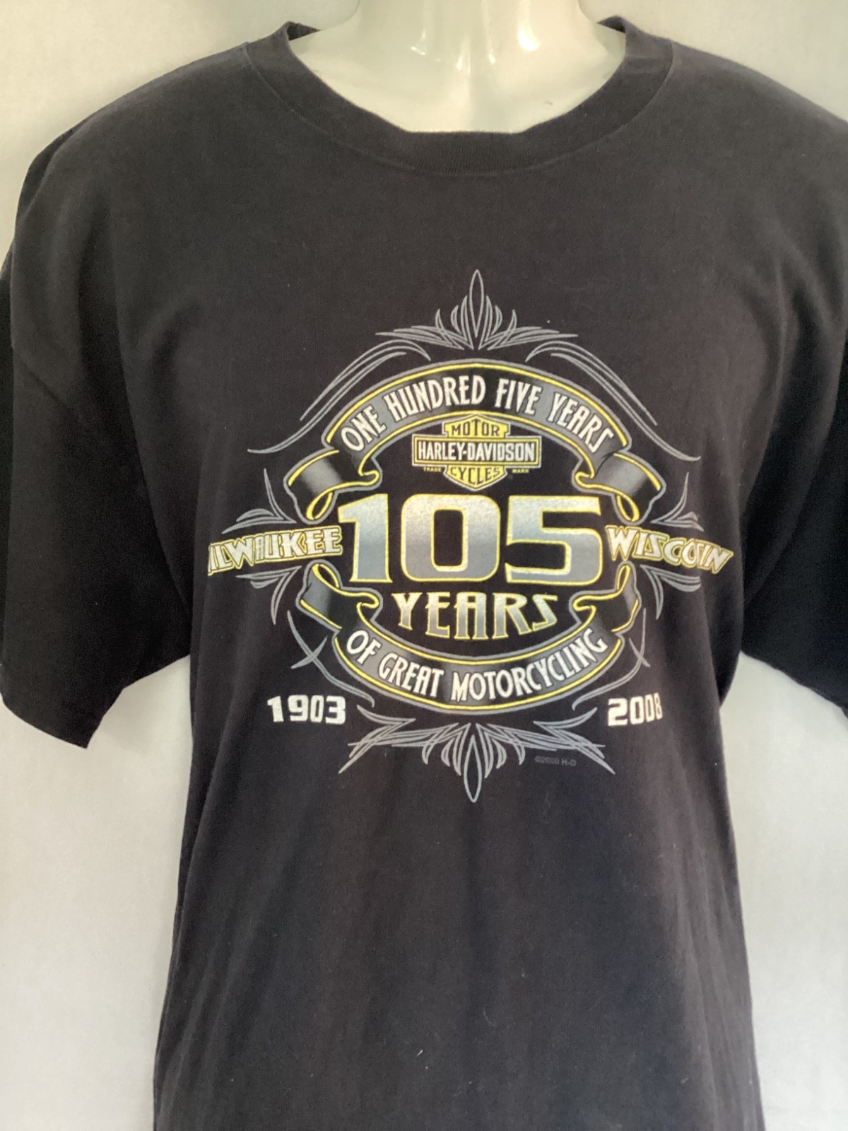 Harley Davidson Racine Wisconsin Mens black 2 sided T shirt XL 105 yrs 1903-2008 gallery