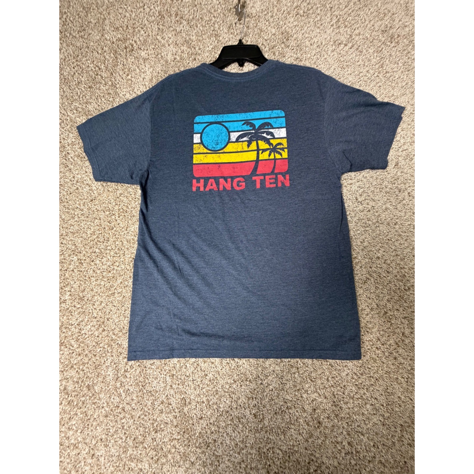 Hang Ten Mens Large Blue Heather Retro Sunset Palm Tree Graphic T-Shirt Surf Tee gallery