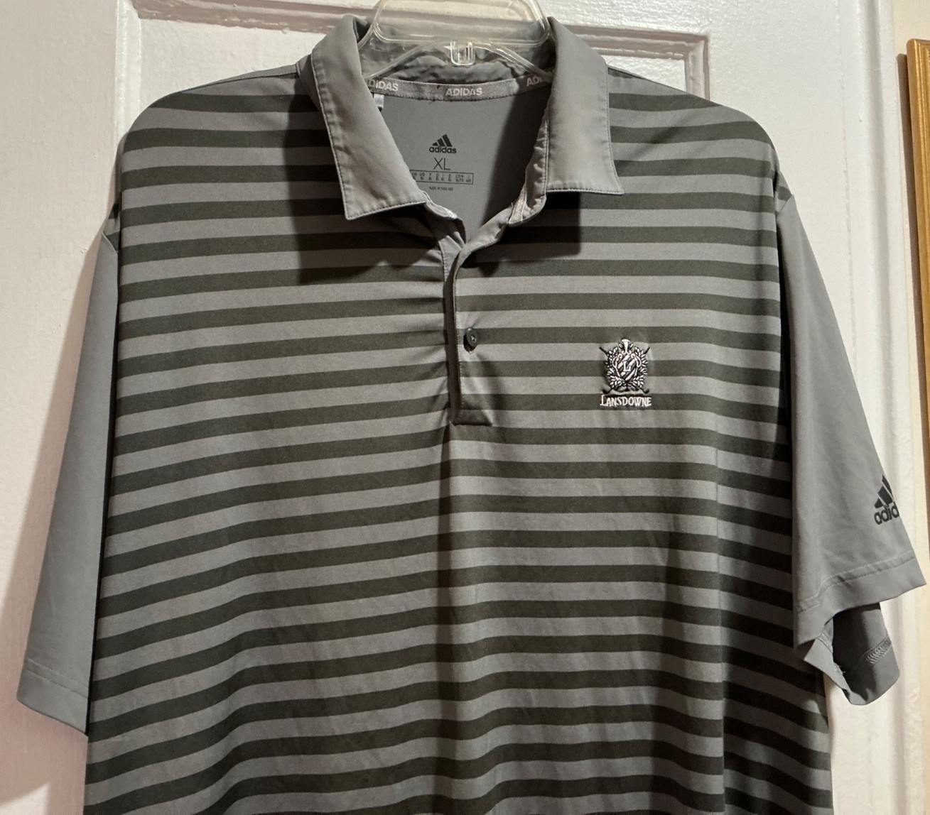 Adidas Golf Shirt Grey Striped Short Sleeve Polo Lansdowne Resort Sz XL gallery