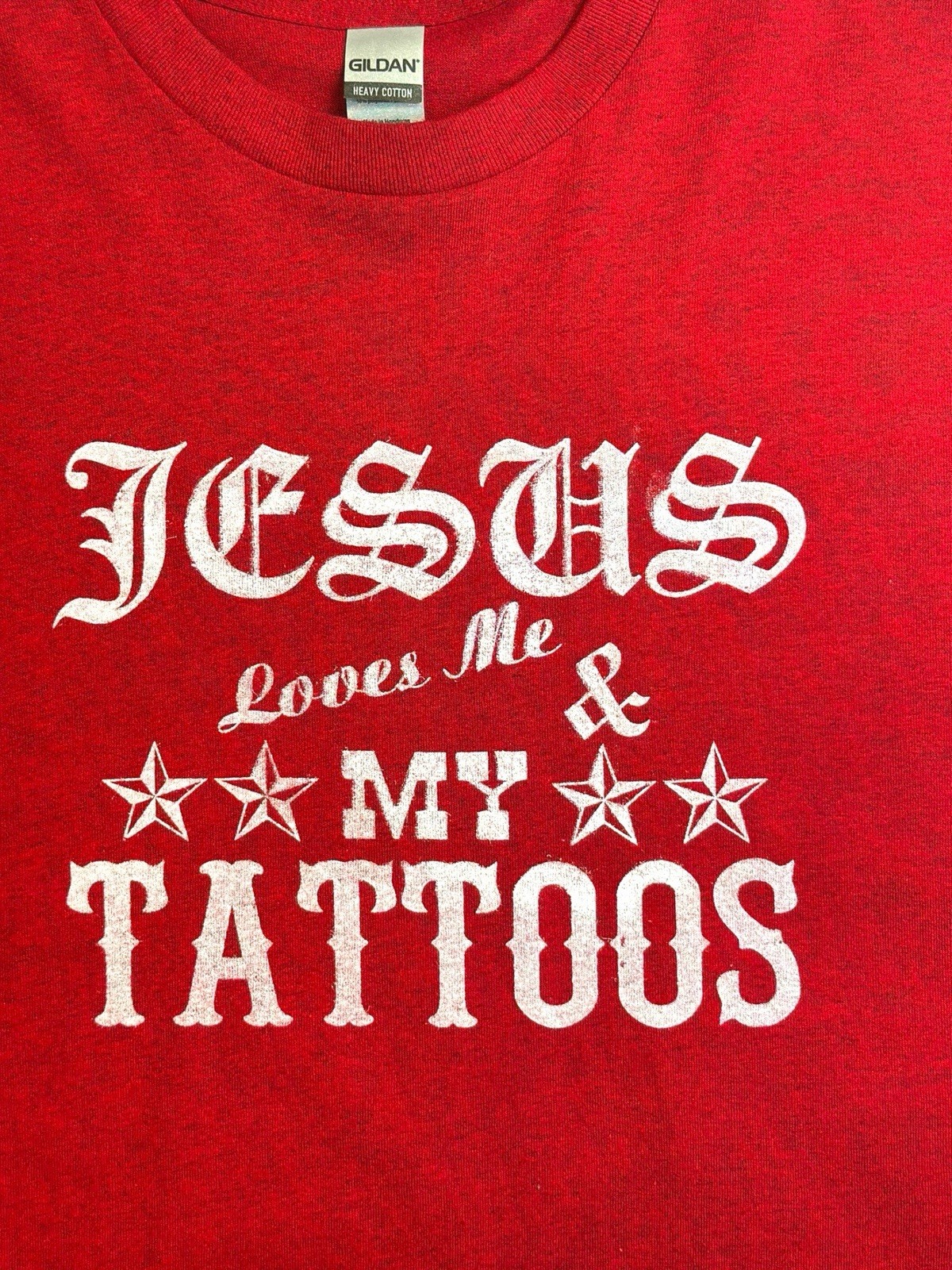 Jesus Loves Me & My Tattoos Mens L Red Graphic Tee Nautical Star Tattoo Gildan gallery