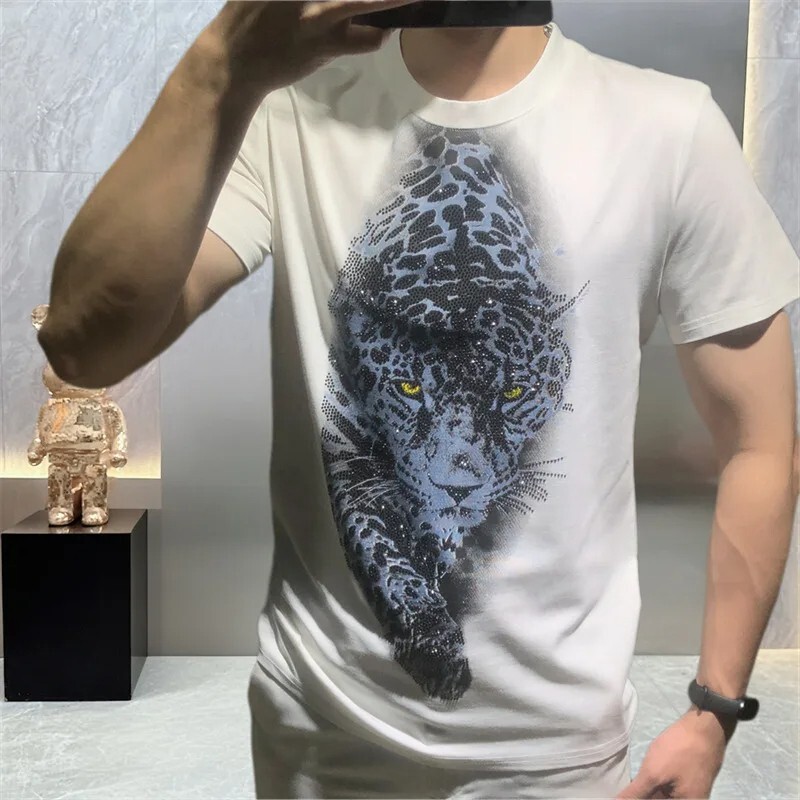 New Men Luxury Leopard Rhinestones Fashion Black White T-Shirt High Quality gallery