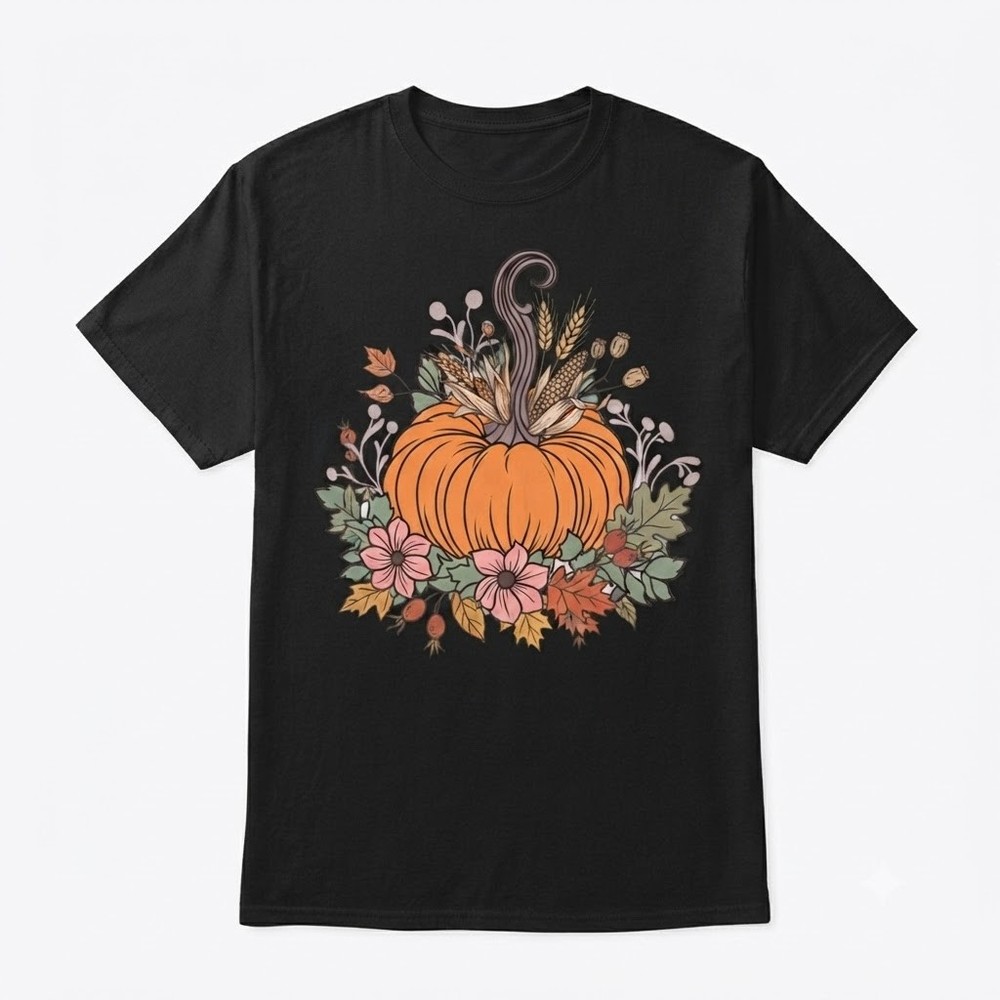 Fall Autumn Pumpkin Floral Wheat Dried Corn Boho Graphic T-shirt For Men Women