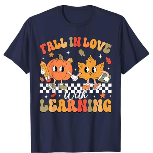 Retro Fall In Love With Learning Autumn Pumpkin Teacher T-Shirt,Multicolor,S-2XL