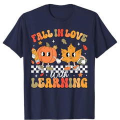 Retro Fall In Love With Learning Autumn Pumpkin Teacher T-Shirt,Multicolor,S-2XL