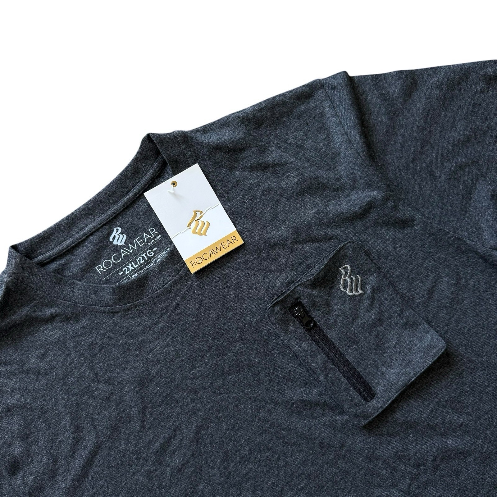 NEW Rocawear Mens 2XL Gray Pocket Tee T Shirt Zip Chest Logo Casual Streetwear gallery