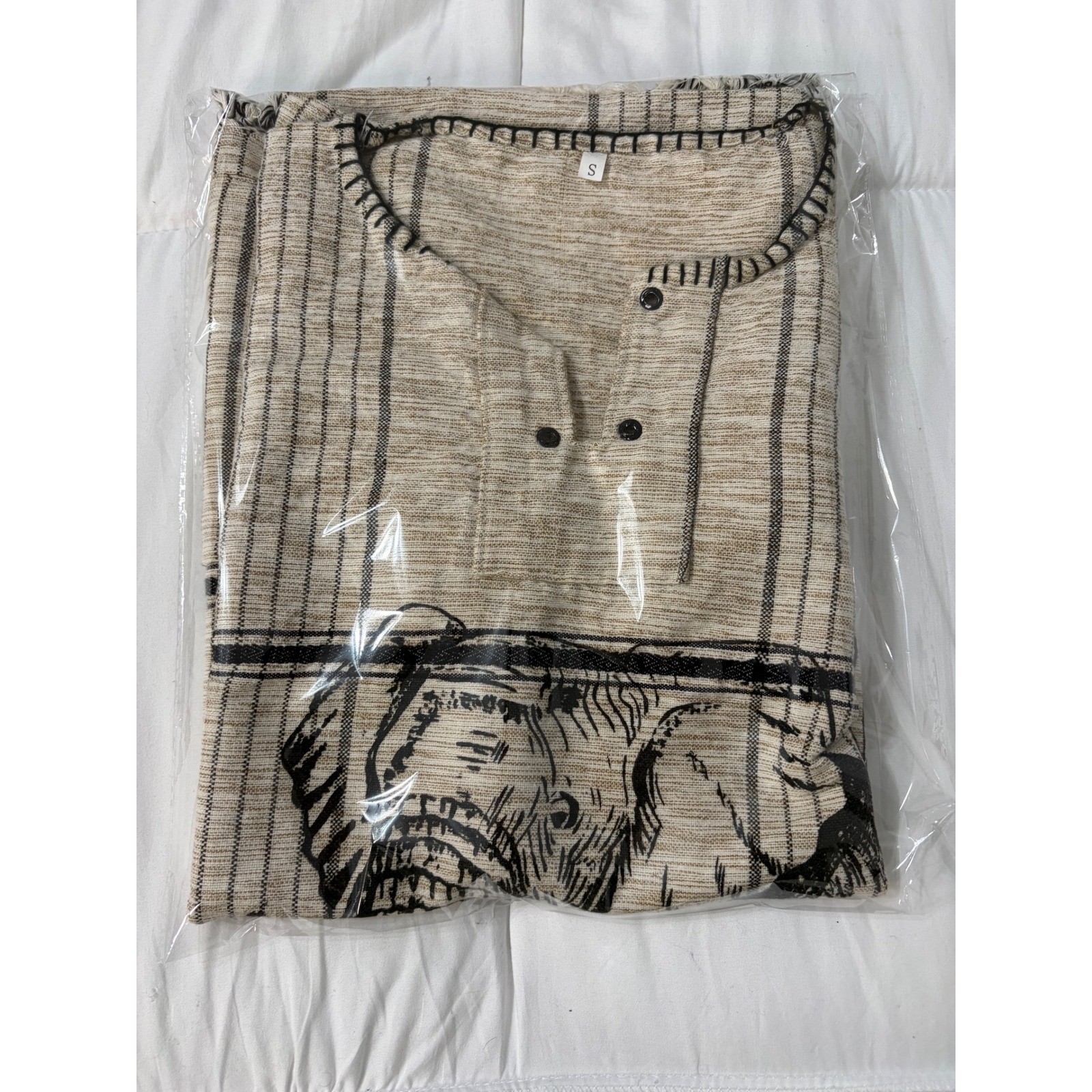 Vintage Hakuna Matata Elephant Graphic Tunic Top Tan Plaid FringeBoho Mens Small gallery