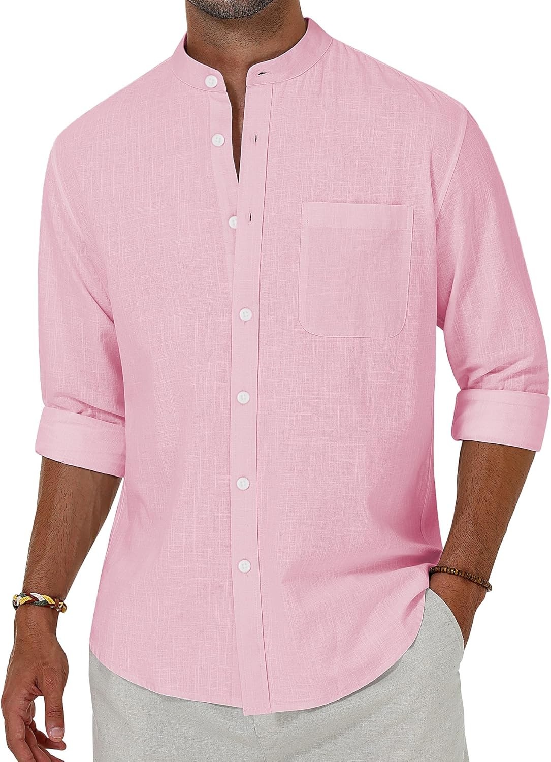 Men's Linen Button Down Shirt Long Sleeve Band Collar Casual Beach Top gallery