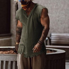 Men Vest Solid Color Casual Leisure Individual Old Style Loose Type Ripped Edge