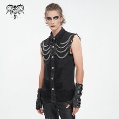 Devil Fashion Men Black Gothic Punk Chain Deco Top Net Splicing Sleeveless Shirt