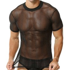 Men Daily Undershirts T-shirts Mesh Sheer Casual Tops Glitter Short Sleeve Tees