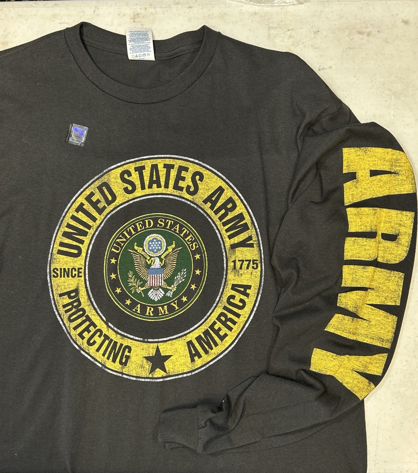 US Army Long Sleeve Black T-Shirt Protecting America Veteran Sleeve Print gallery
