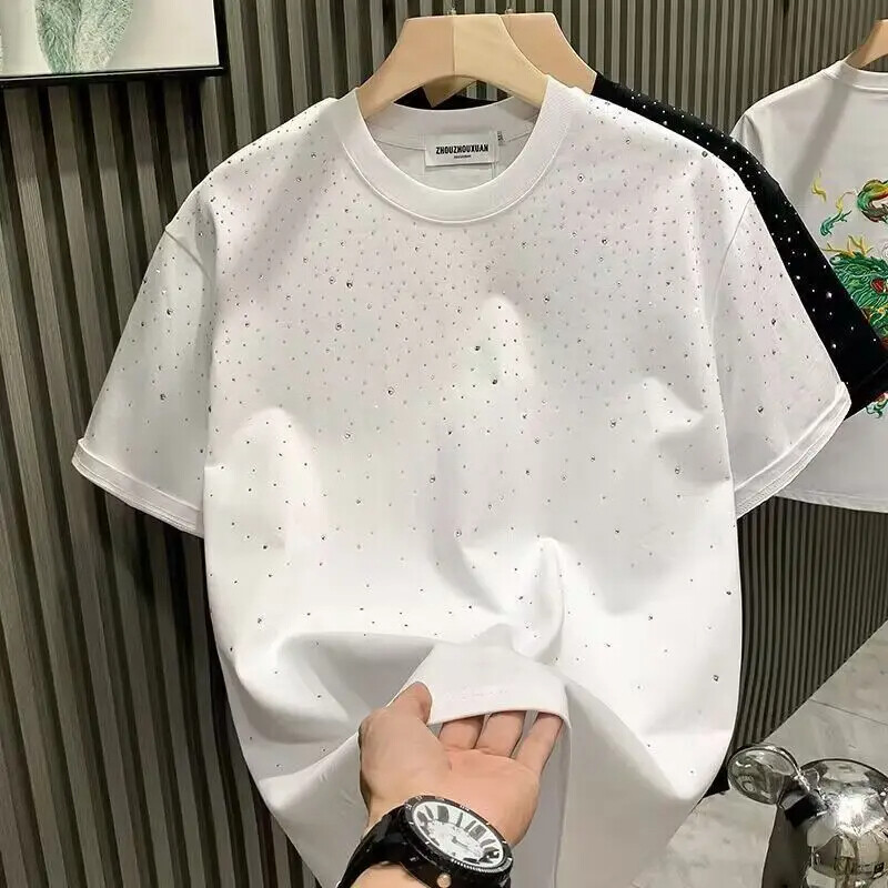 New Men Women Luxury Diamond Rhinestones Black White T-Shirt High Quality gallery