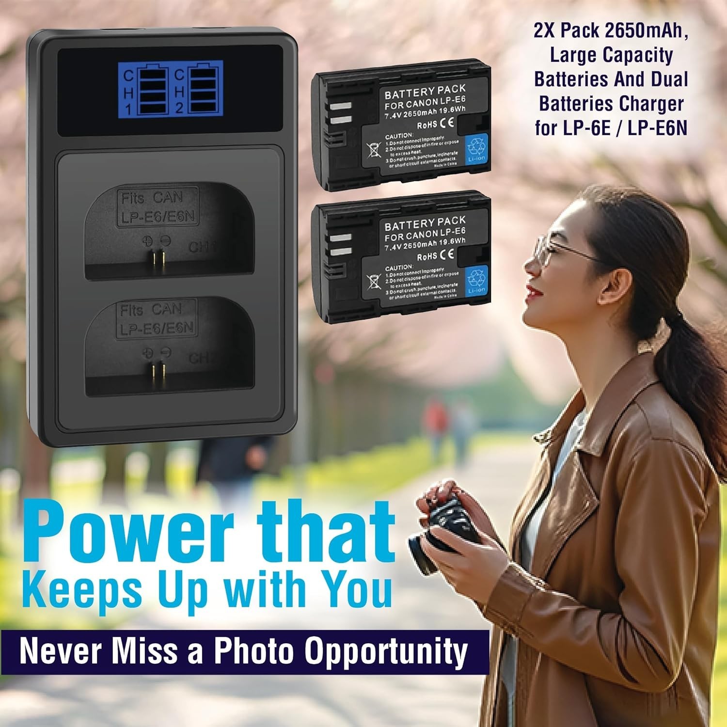 2-Pack LP-E6 LP-E6N Batteries with Dual Slot USB Charger for Canon EOS R5 R6 R7