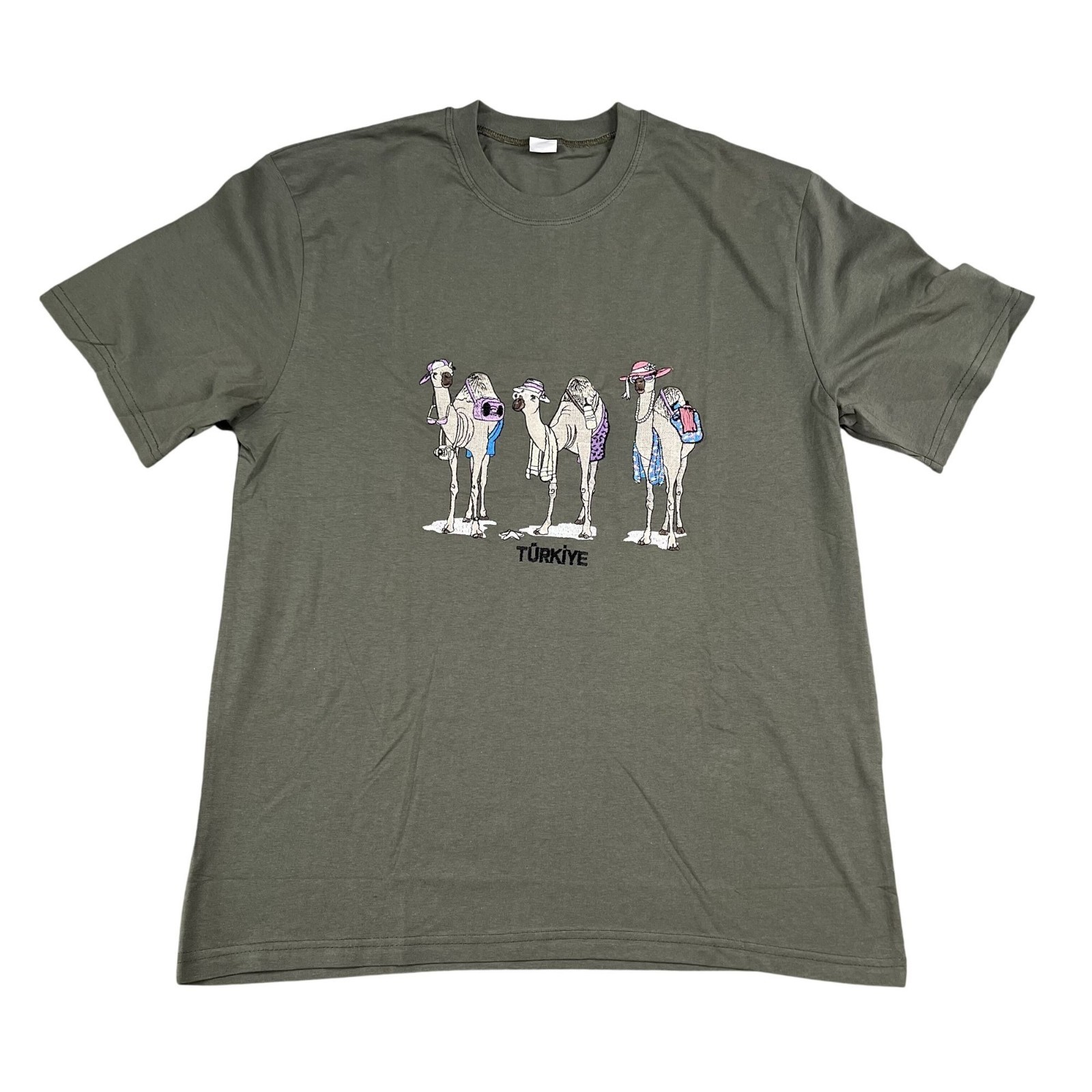 Turkiye Turkey T-Shirt Olive Green Embroidered Camels Shirt Sz XL gallery