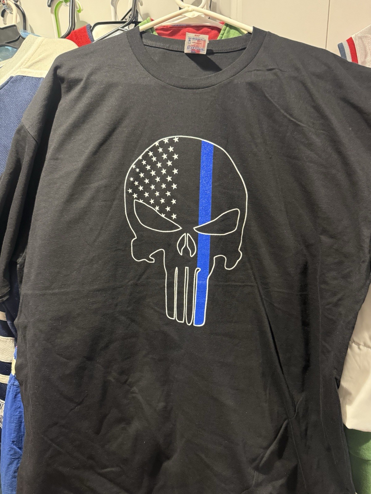 🚔 Thin Blue Line 🚨 Punisher Skull Support Police Black Tee T-Shirt 2XL 🆕 gallery