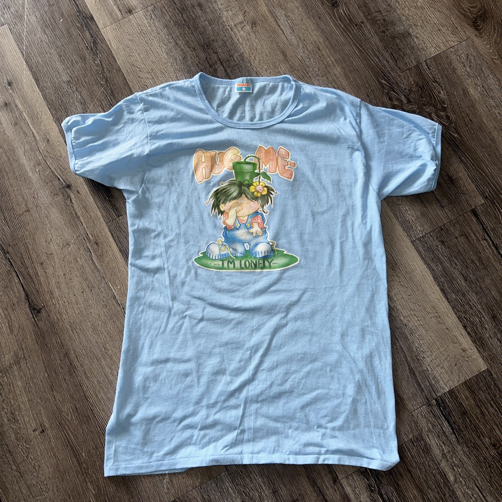 Vintage 70s Roach Ringer T shirt Hug Me Cartoon Blue Single Stitch Mens L gallery