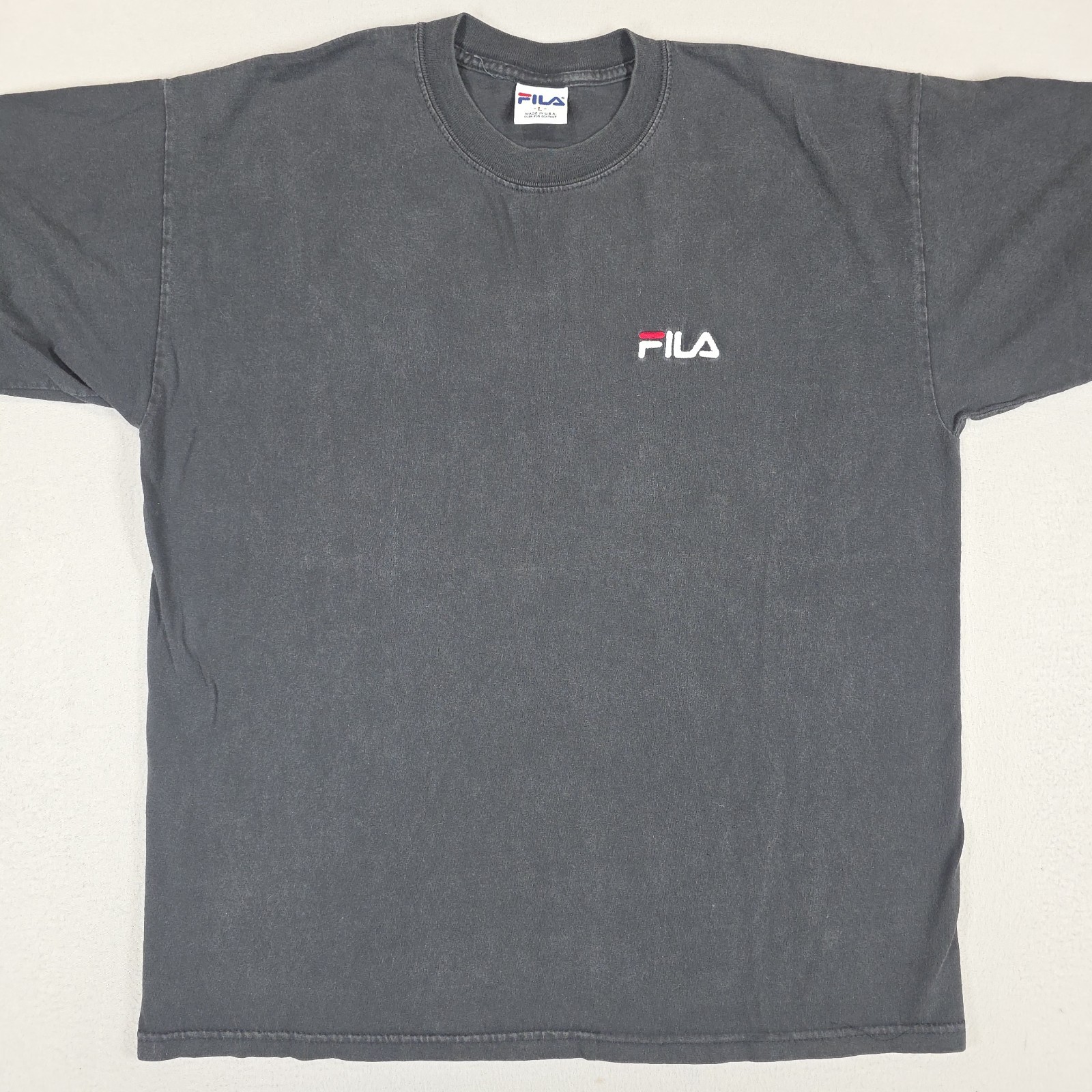 Vintage FILA Shirt Mens Large Black Faded Embroidered Logo Made in USA Sports gallery