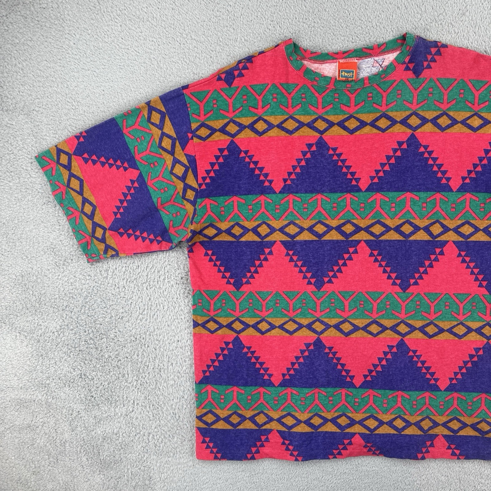 Vtg Fast 90s Boxy Adult L- XL T Shirt Southwestern Design AOP Colorful Hip Hop gallery