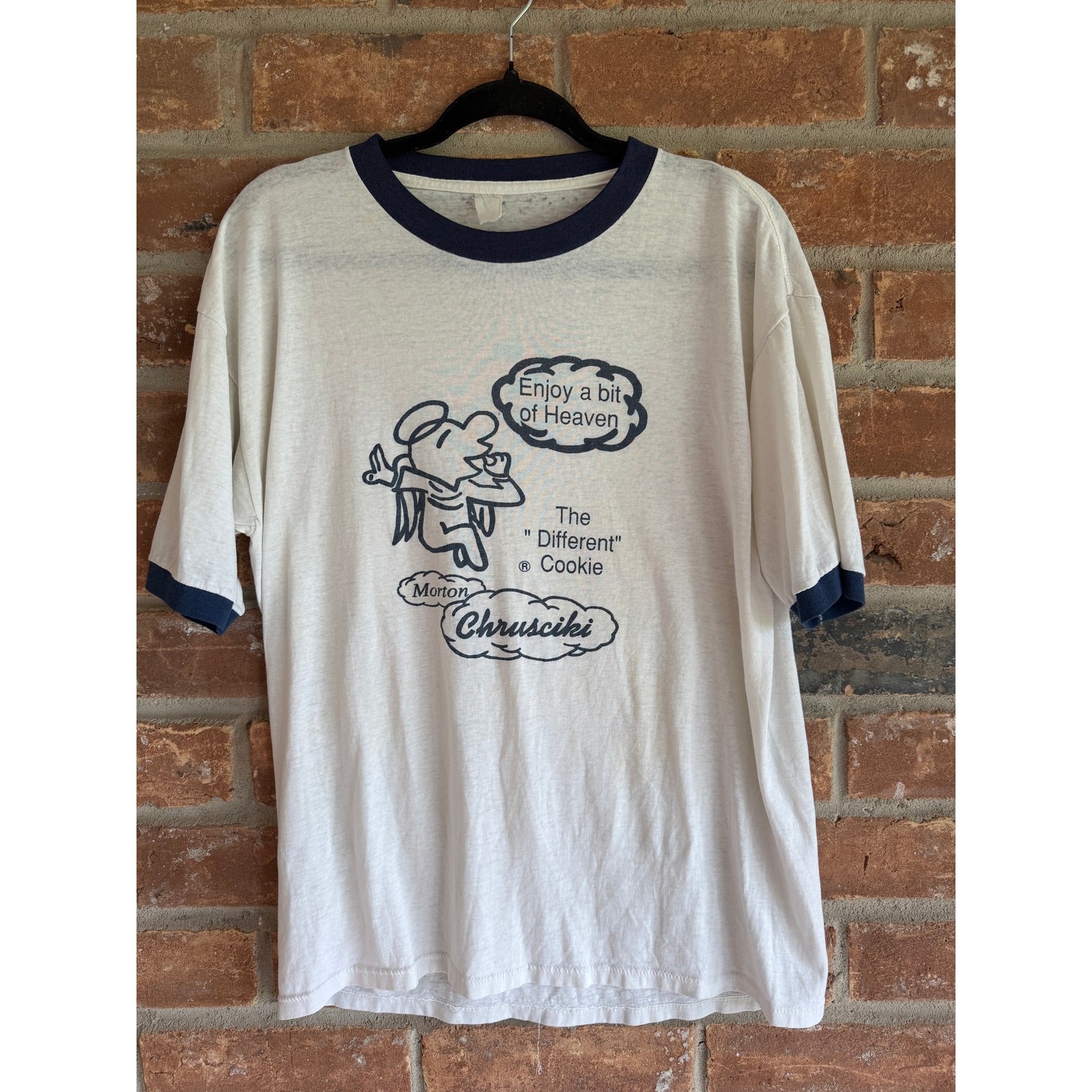Vintage Morton Chrusciki Cookie Ringer Tee USA Single Stitch White XL Rare