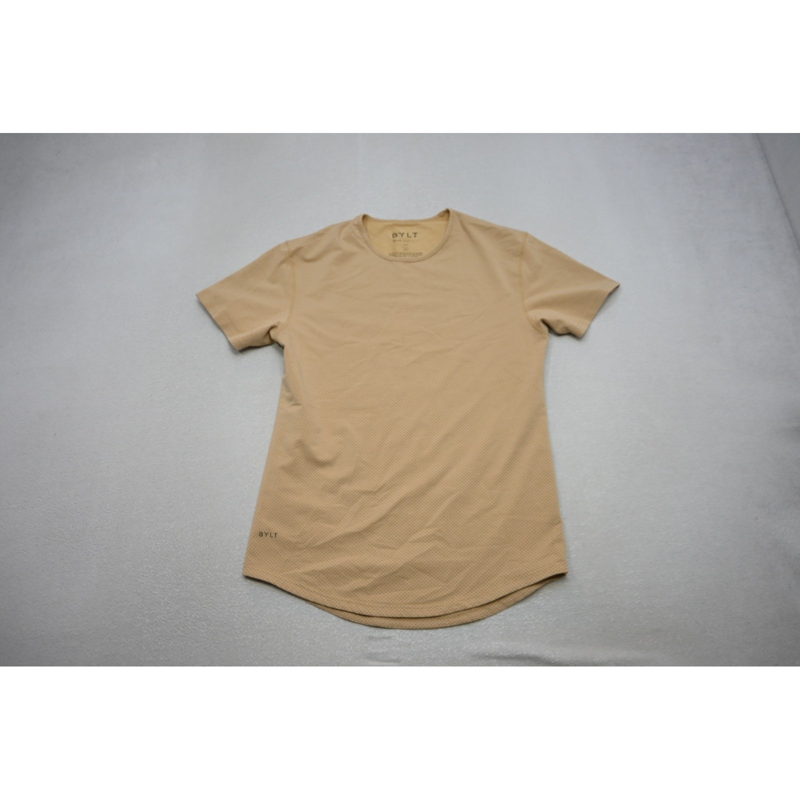 BYLT Drop Cut Lux T-Shirt Mens Medium Tan Perforated Short Sleeve Excellent gallery