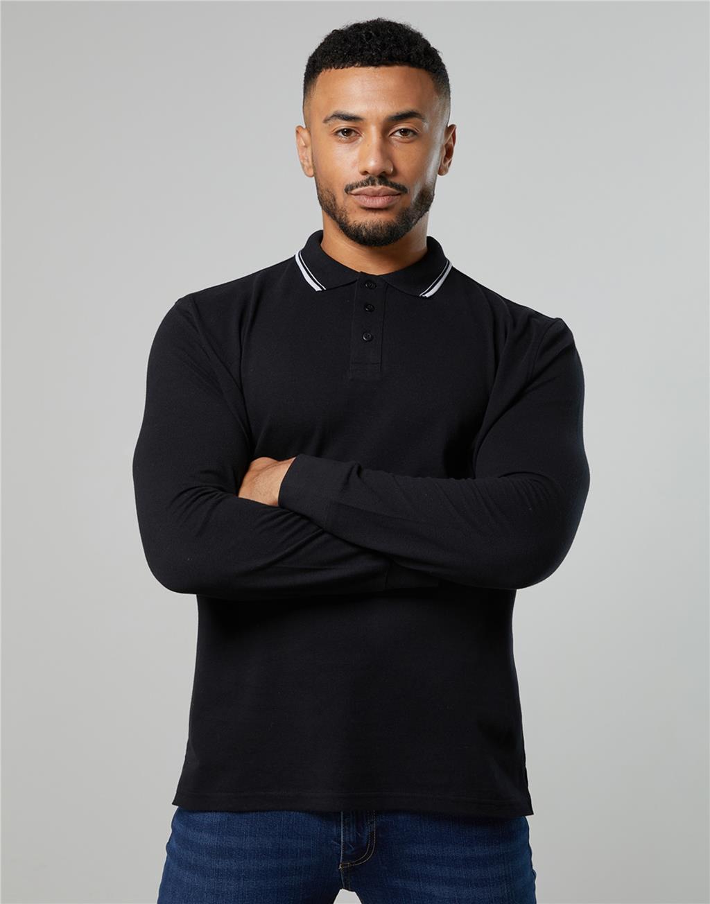 Mens Long Sleeve Polo Shirt Plain Tipped Collar Casual Cotton Tops AWDis gallery