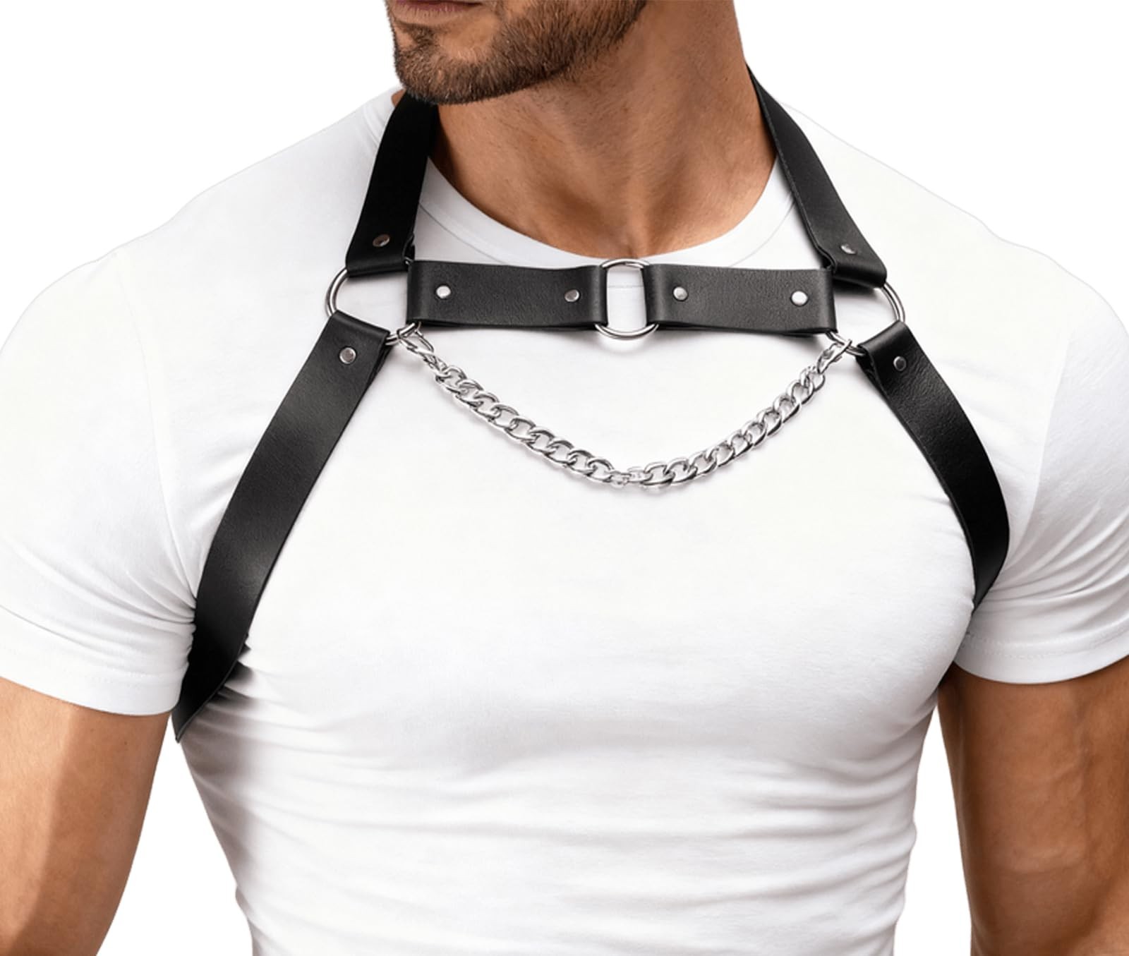 Men’s Adjustable Faux Leather Chest Harness Belt with Alloy Chain, Gothic Pun... gallery