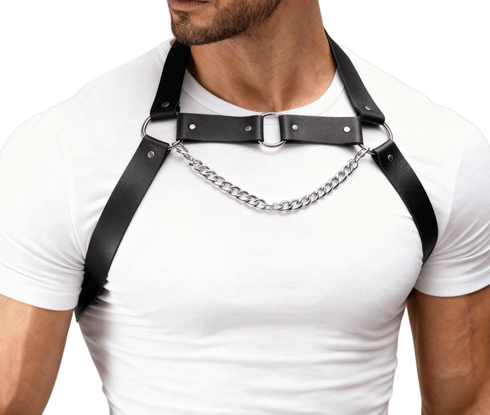Men’s Adjustable Faux Leather Chest Harness Belt with Alloy Chain, Gothic Pun…