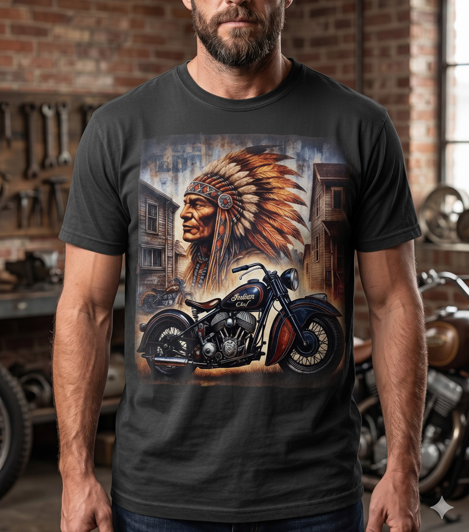 Vintage Indian Motorcycle T-Shirt Native American Chief Dark Blue Biker Tee gallery