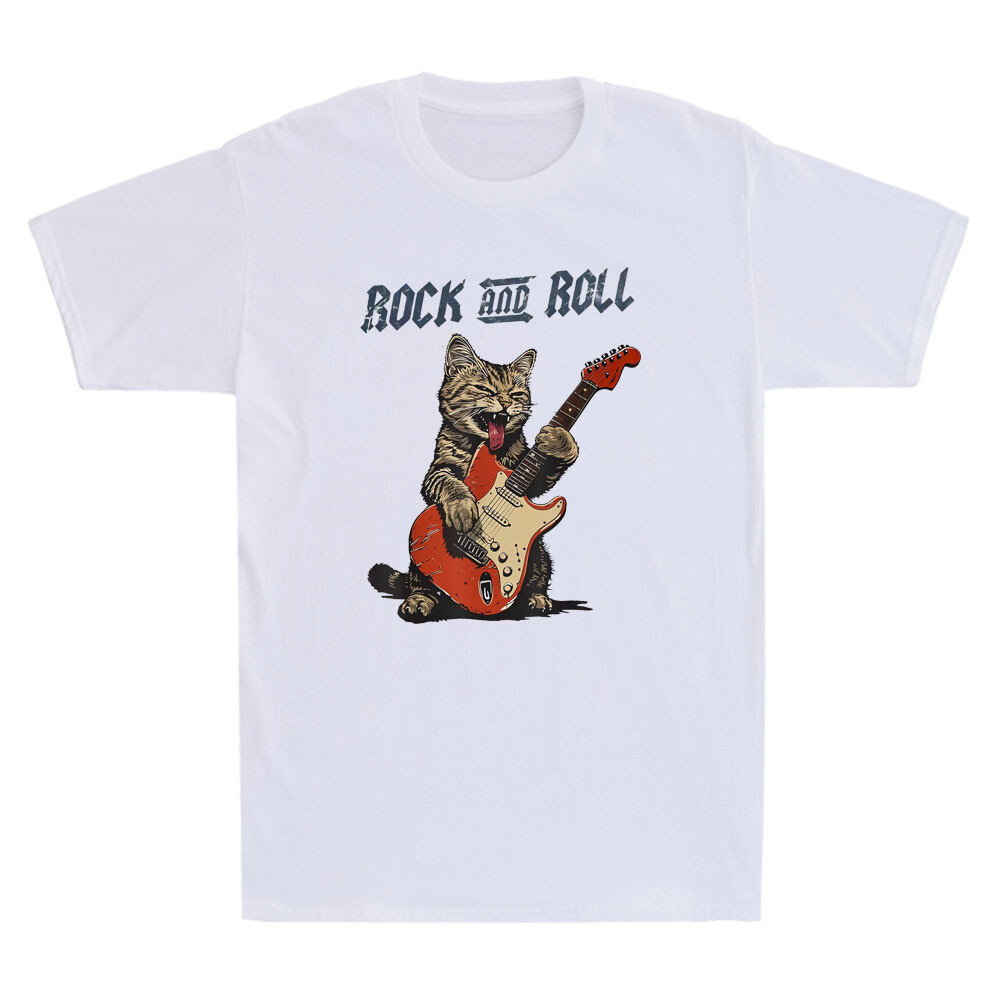 Rock and Roll Guitar Cat Funny Cat Playing Guitar Graphic Vintage Men’s T-Shirt