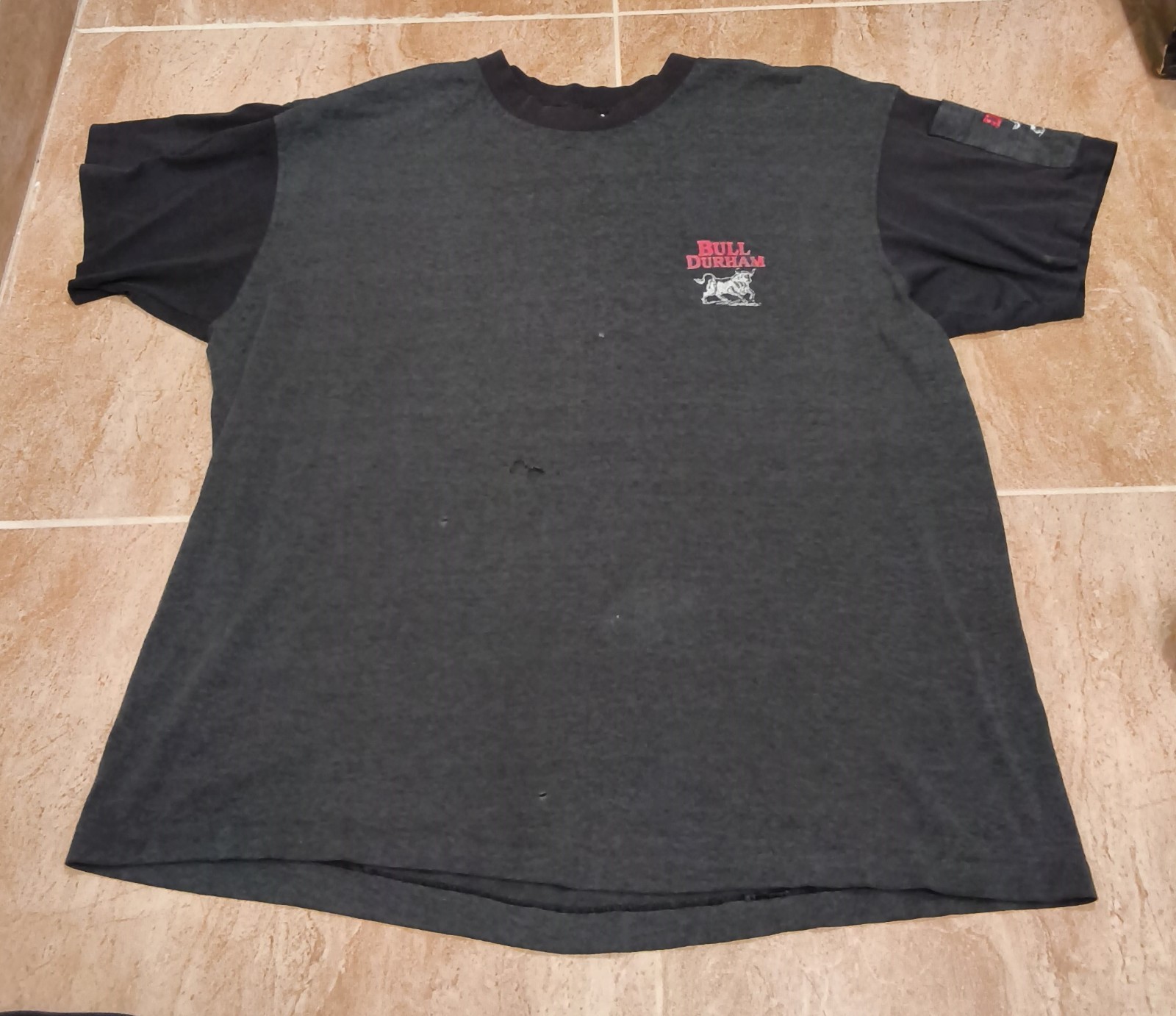 Vintage 80s 90s Bull Durham Tobacco Ringer Shirt Shoulder Gray Black Sz L