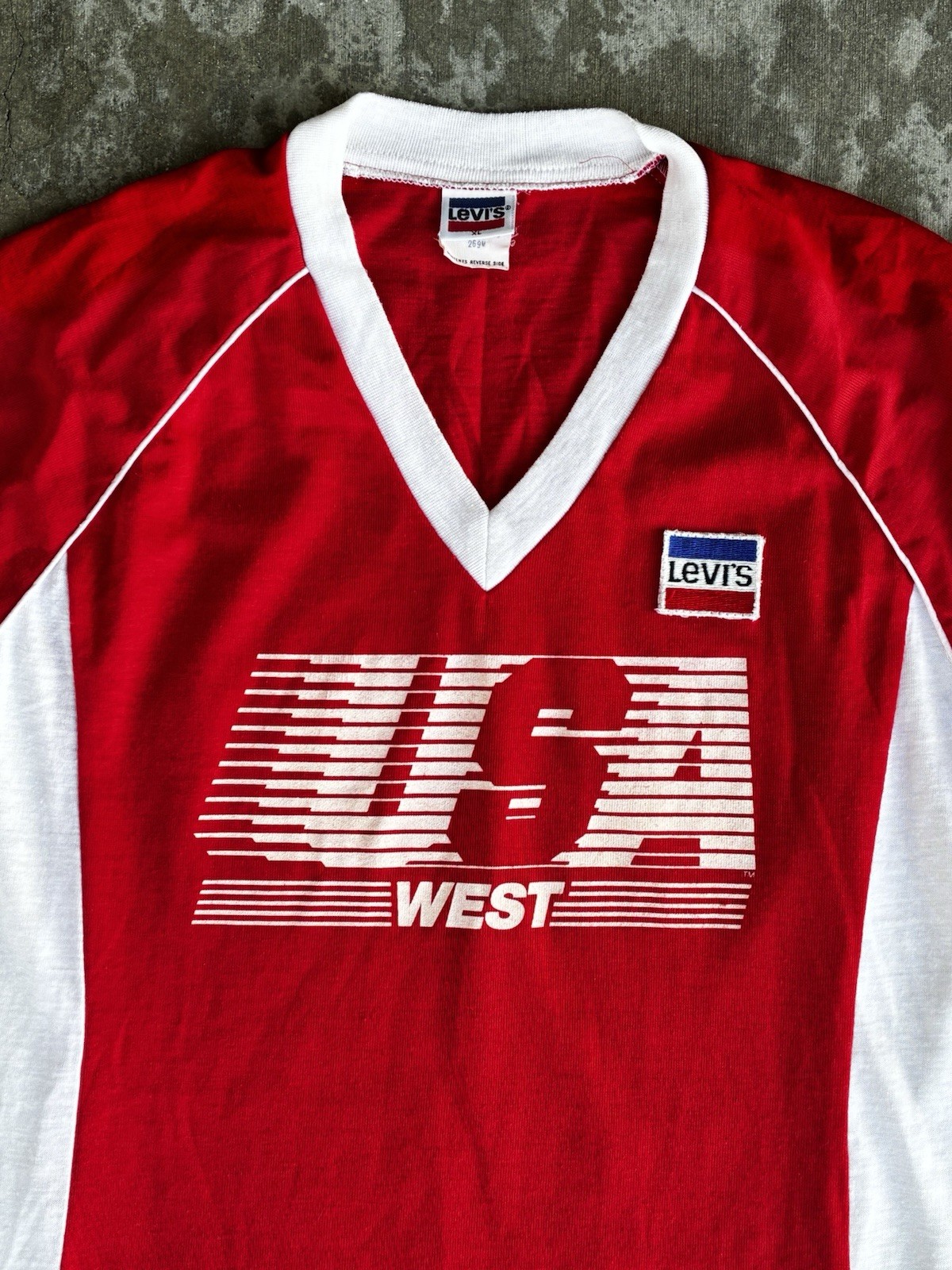Levi’s Vintage 1984 USA West LA Olympics V-neck Ringer Collar Tee XL 22” X 27” gallery