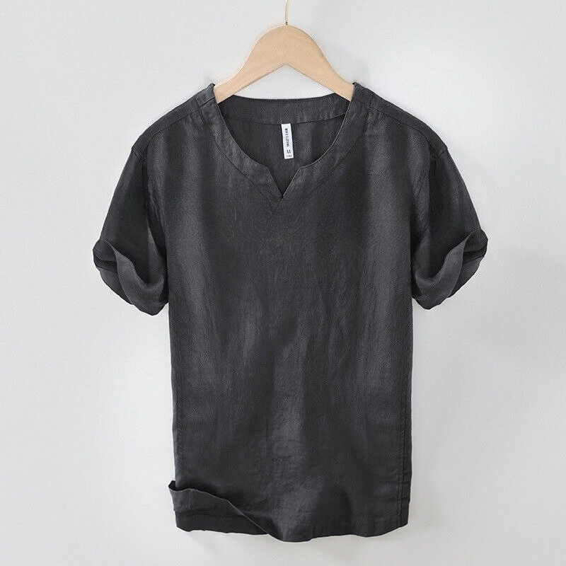 Men 100% Linen V Neck T-shirt Retro Summer Short Sleeves Tops Casual Undershirt gallery