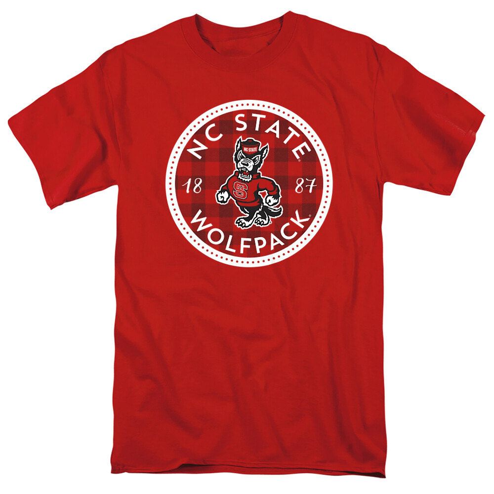 NC State Adult T-Shirt Wolfpack Plaid Badge, Red S-5XL