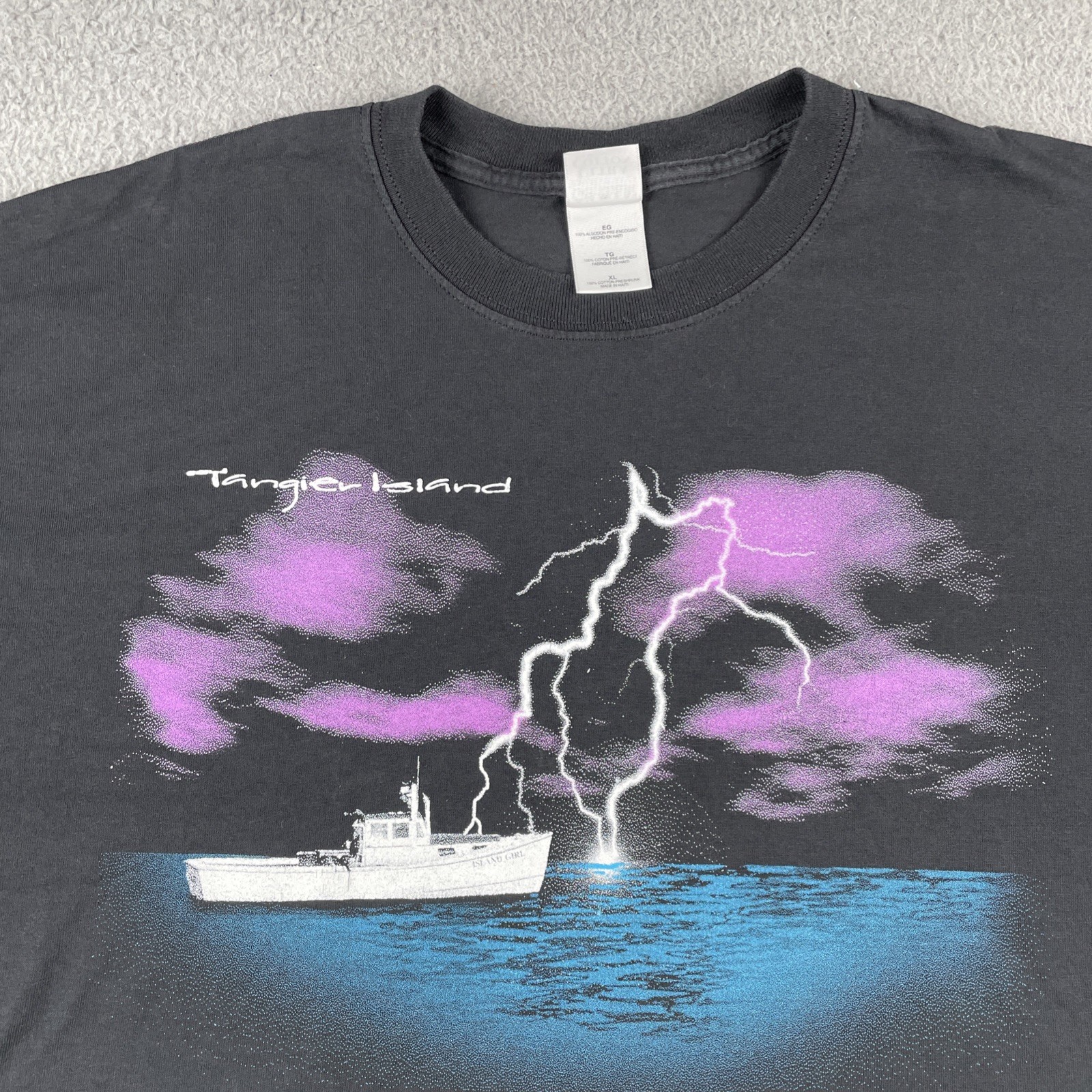 Vtg Gildan Black XL Tangier Island Virginia Lightning Boat Graphic East Coast gallery