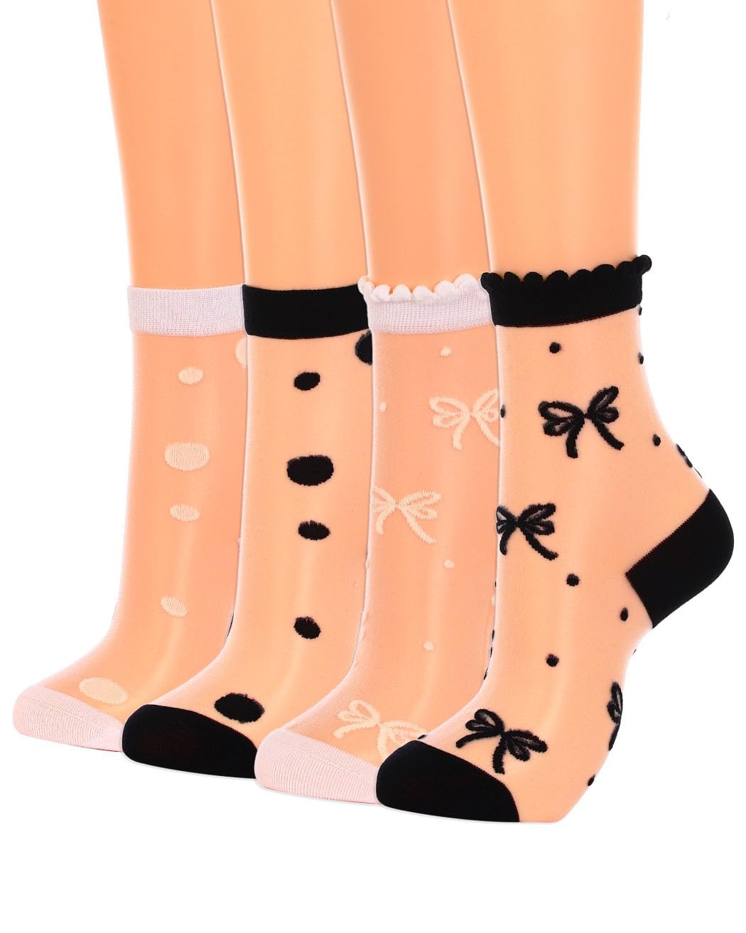 Womens Sheer Ankle Socks Polka Dot Bow Pattern 4 Pairs Black White gallery