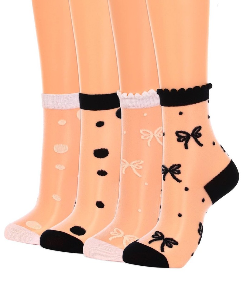 Womens Sheer Ankle Socks Polka Dot Bow Pattern 4 Pairs Black White