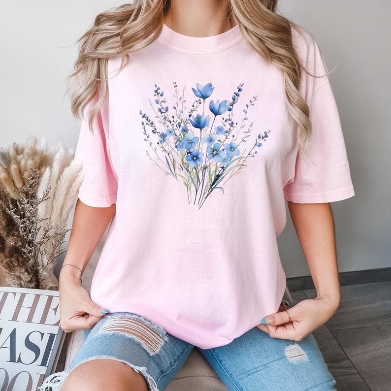 Blue Flower Bouquet Shirt, Flower Lover Shirt, Retro Floral Shirt, Flower Shirt gallery
