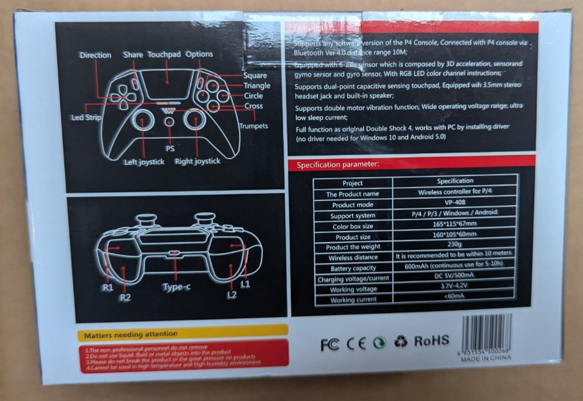 Wireless Controller P4 Compatible With PS4 Windows pc iOS Android Black / white