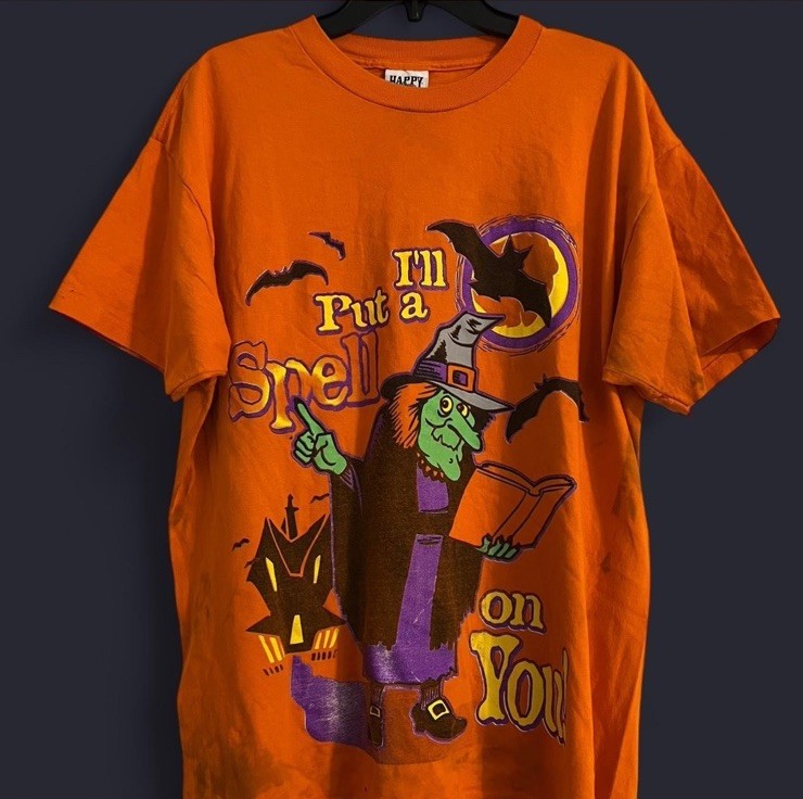 GRUNGE VTG 90s TEE XL “I’LL PUT A SPELL ON YOU” ORANGE GRAPHIC HALLOWEEN WITCH gallery