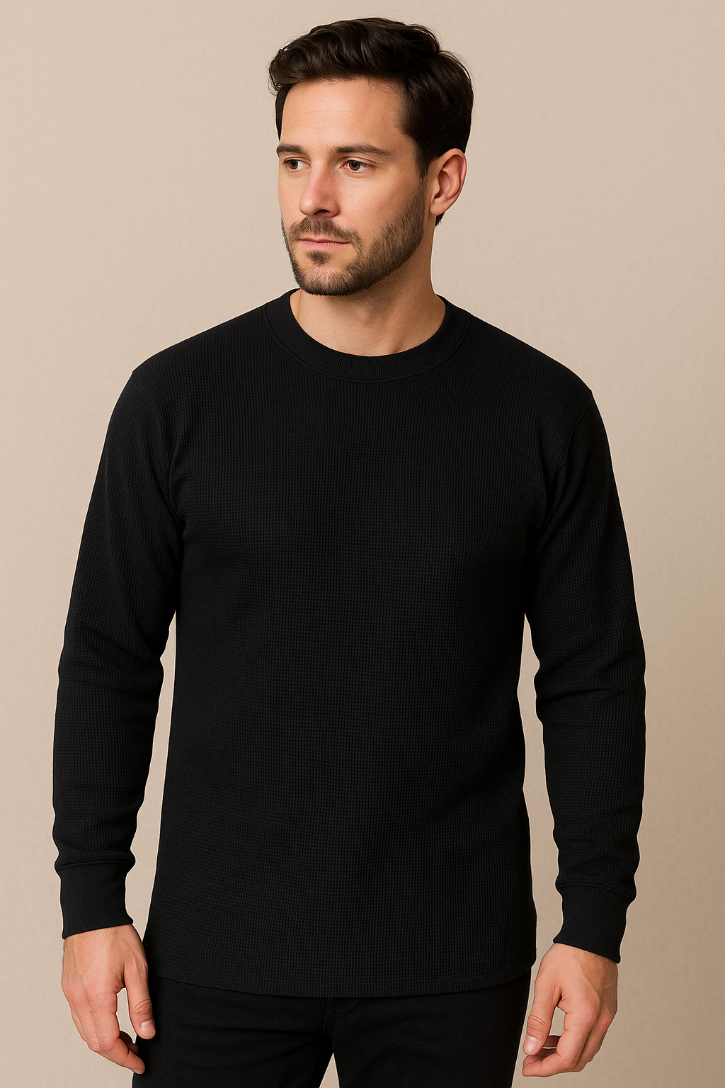 Men's Cotton Waffle Knit Black Shirt Warm Thermal Top for Winter - Free Shipping gallery